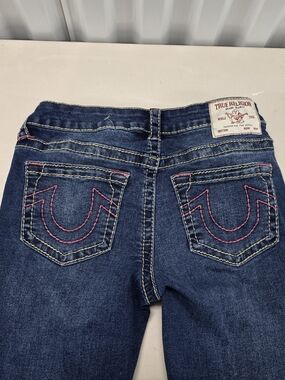 True Religion Becca Mid Rise Bootcut Blue Denim Jeans Pink Stitching Womens 26